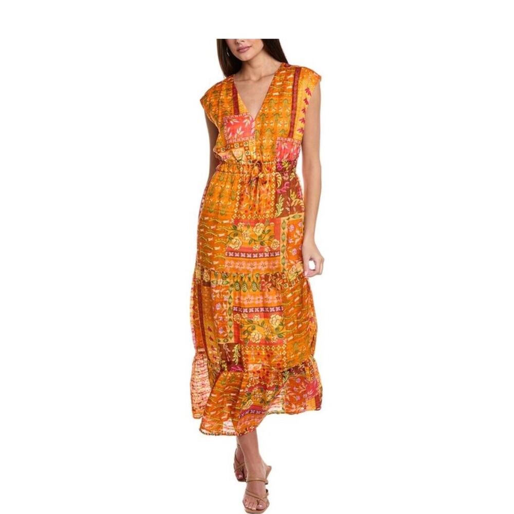 Marie Oliver Indy Dress orange Poppy Patchwork Linen Blend sleeveless Maxi Dress